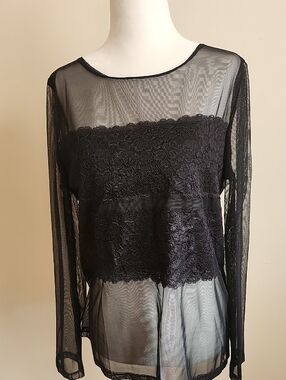 Sheer Black Lace Long Sleeve Top, Size M.
